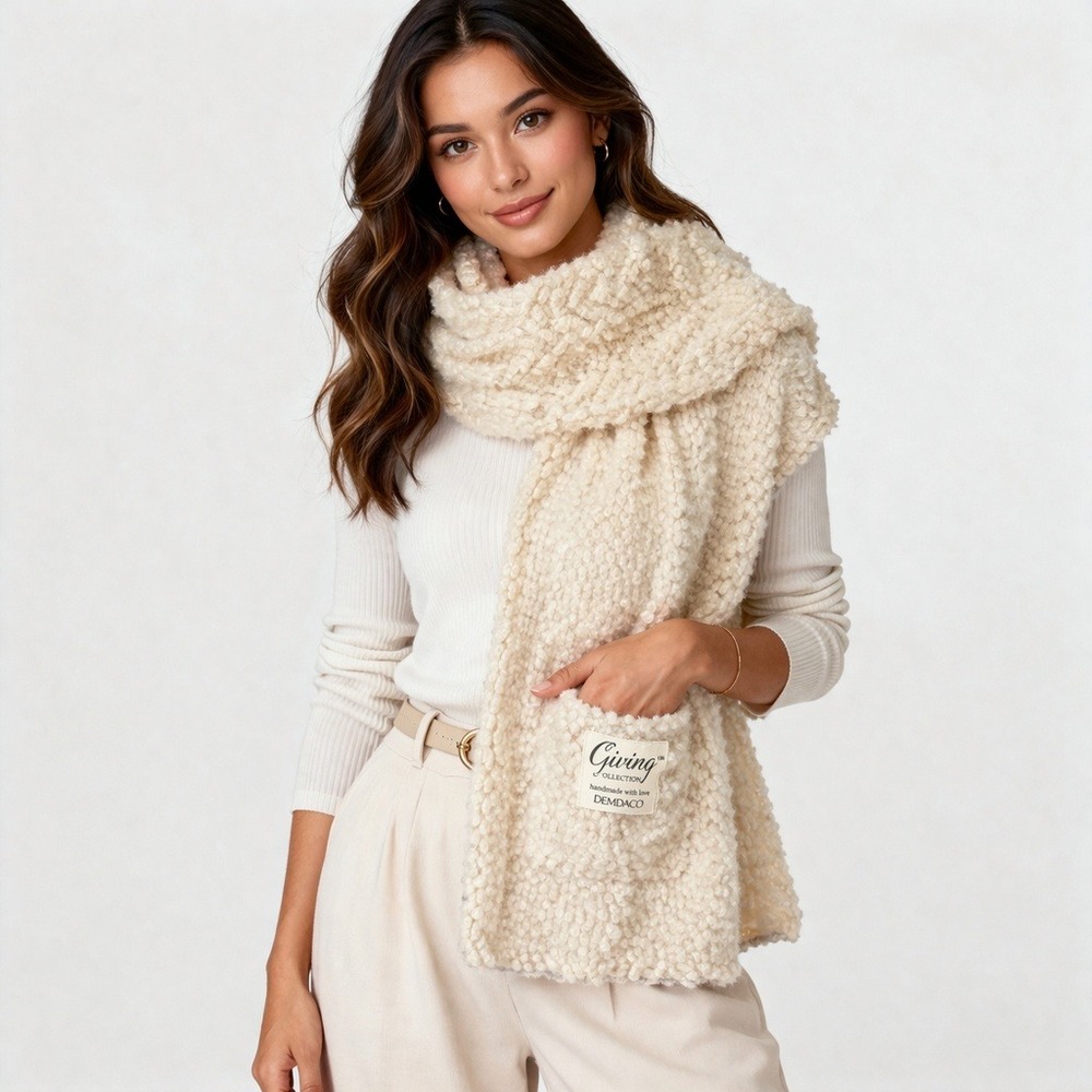 Demdaco Giving Collection Cream Popcorn‎ Knit Handmade Shawl Wrap Scarf One Size